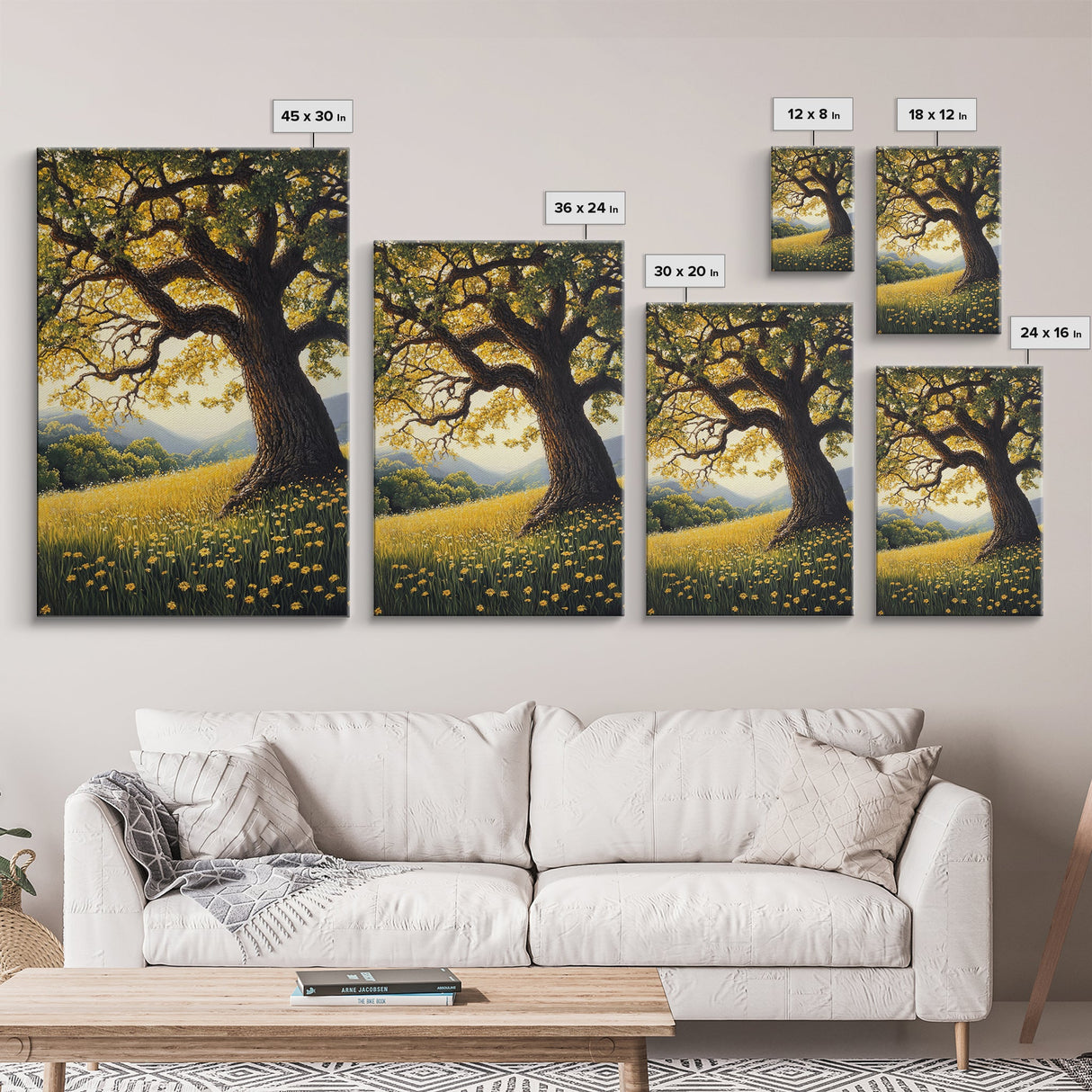 Vibrant Meadow Tree Canvas Print Rustic Wall Art Wildflower Landscape Painting Living Room Artwork Above Sofa Art Fall Decor