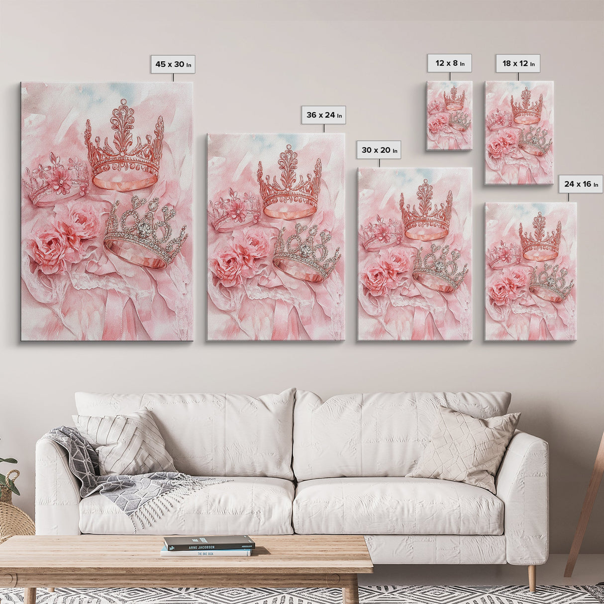 Elegant watercolor crowns and roses painting, framed canvas print, rose painting, goddess art print, chic pink wall art for living room