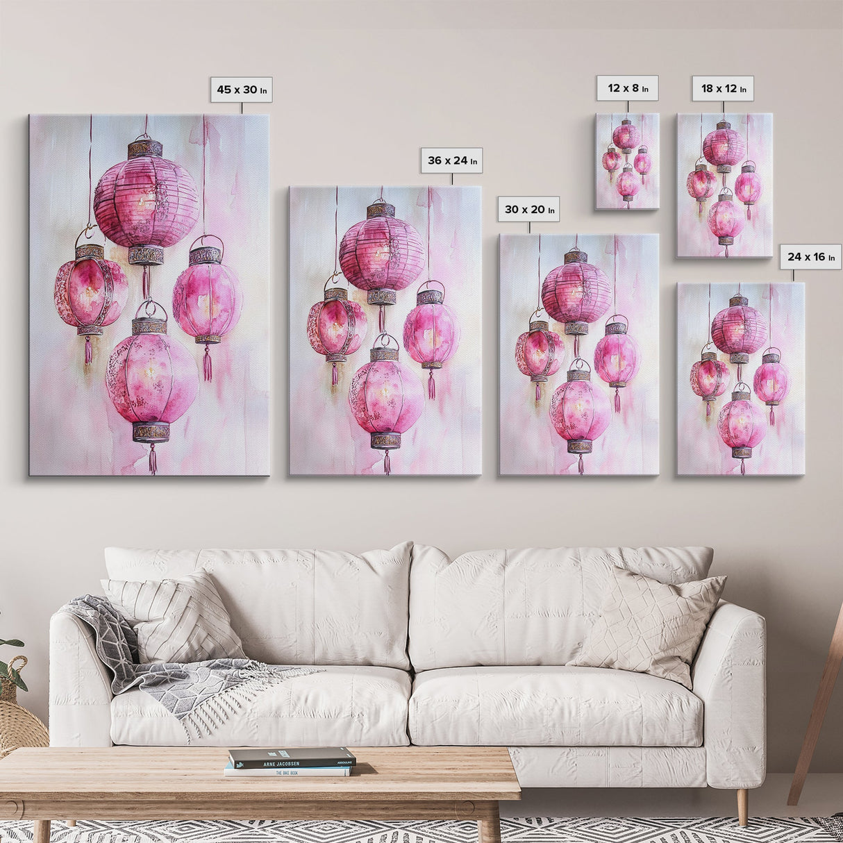 Pink Lanterns Framed Canvas Print, Chinoiserie Wall Art, Cozy Living Room Decor, Boho Aesthetic, Vertical Oriental Light Pink Wall Art
