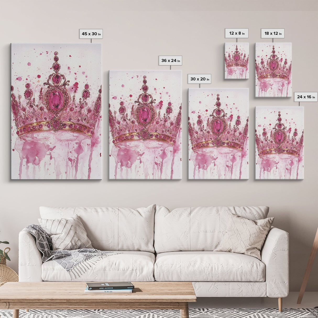Regal jeweled crown painting featuring framed canvas print, moody art, pink wall art for dorm, unique goddess art print decor