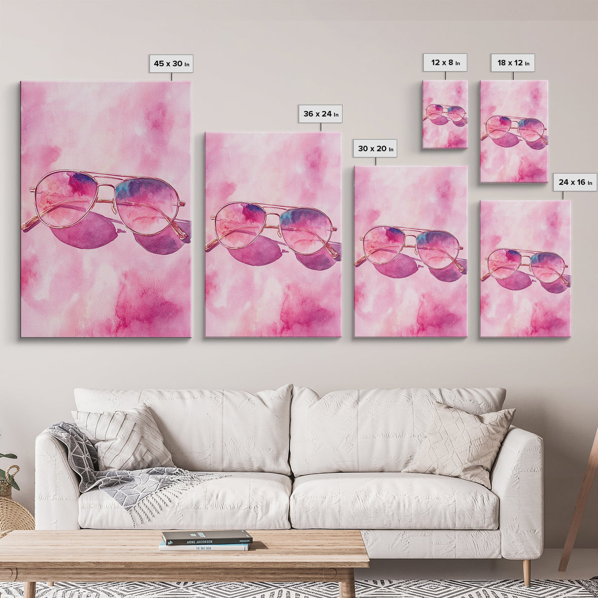 Stylish pink sunglasses painting featuring framed canvas print, pink wall art, boho art, above sofa art, modern living room decor