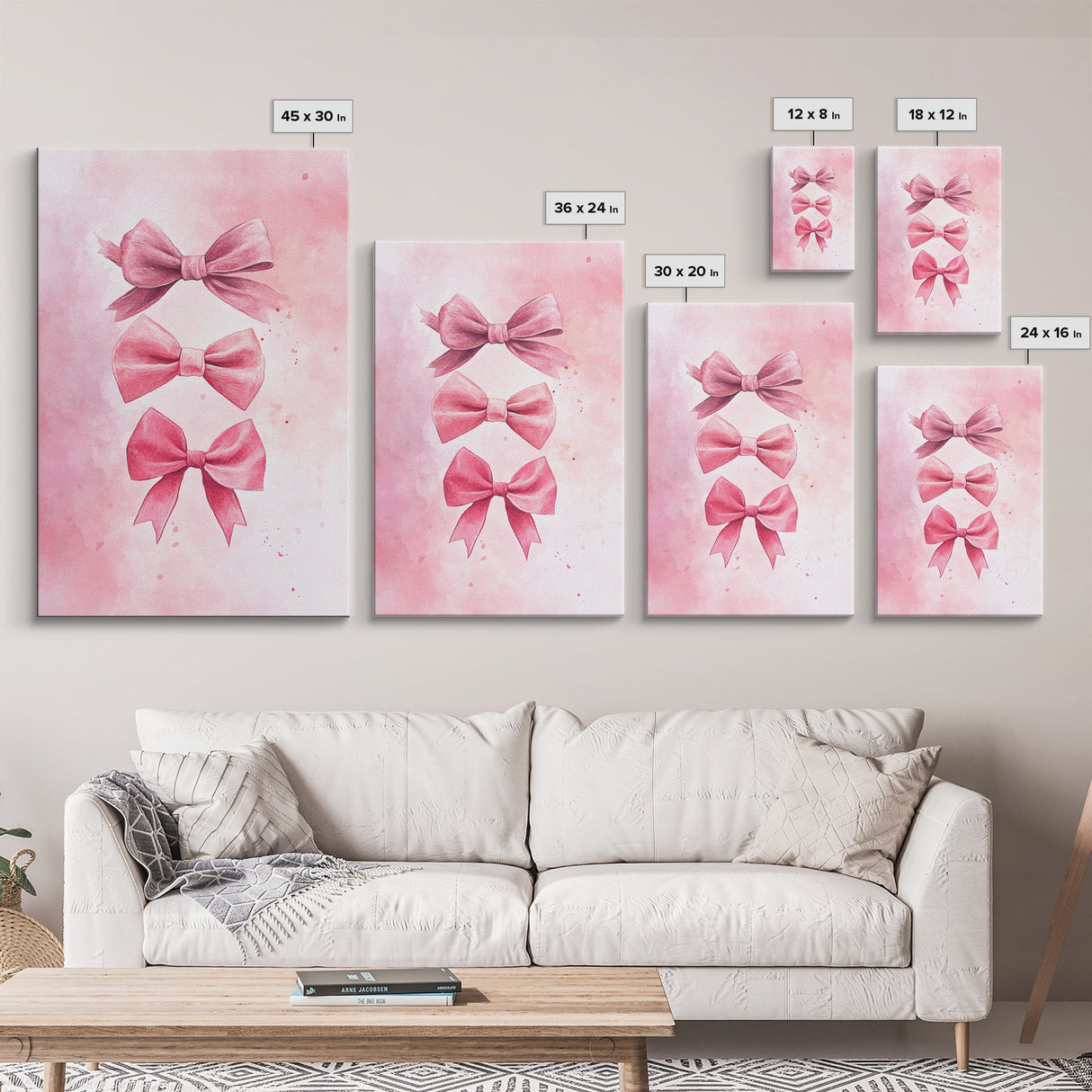 Pink Ribbon Trio Canvas Print, Feminine Wall Art, Light Pink Wall Art, Gift Idea for Her, Whimsical Art, Minimalist Art, Bedroom Wall Decor