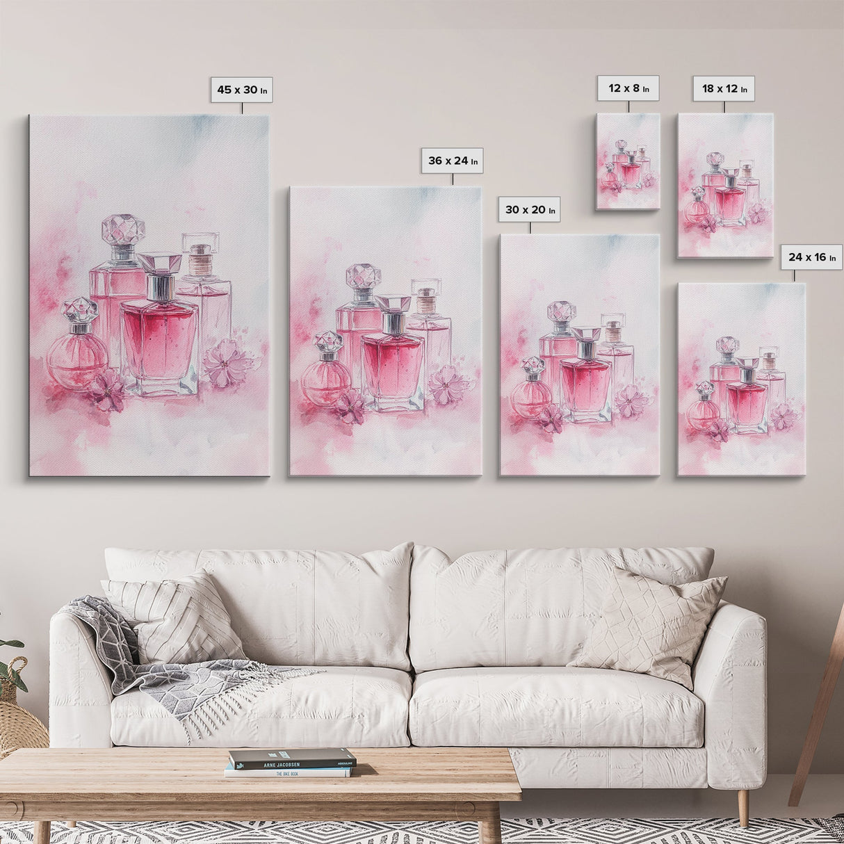 Elegant Pink Perfume Bottles Framed Canvas Print, Feminine Bathroom Art Light Pink Decor, Whimsical Gift Idea for Her Room