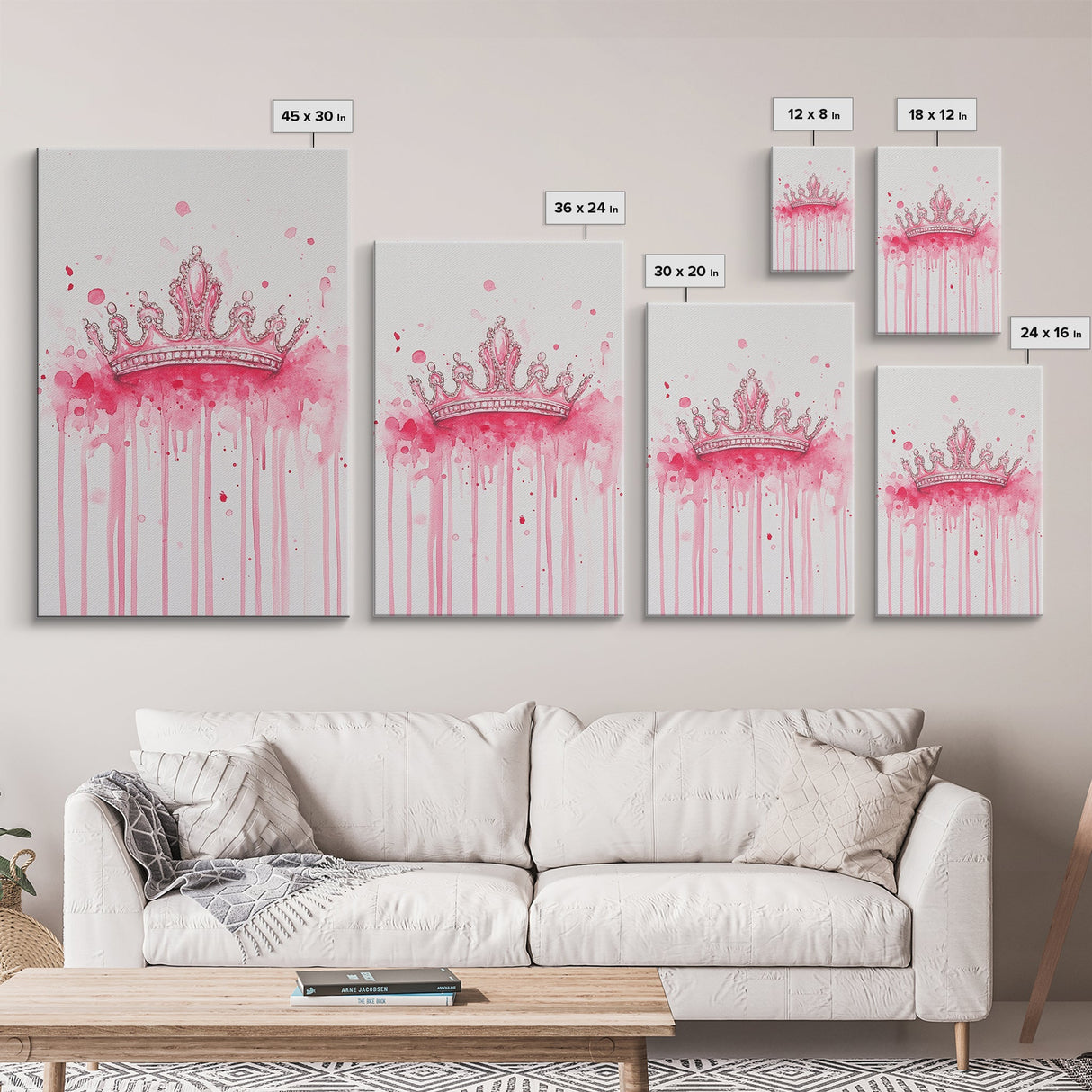 Pink Crown Canvas Print Framed Royal Aesthetic Art Whimsical Wall Art Light Pink Accent Bedroom or Living Room Rustic Decor Gift