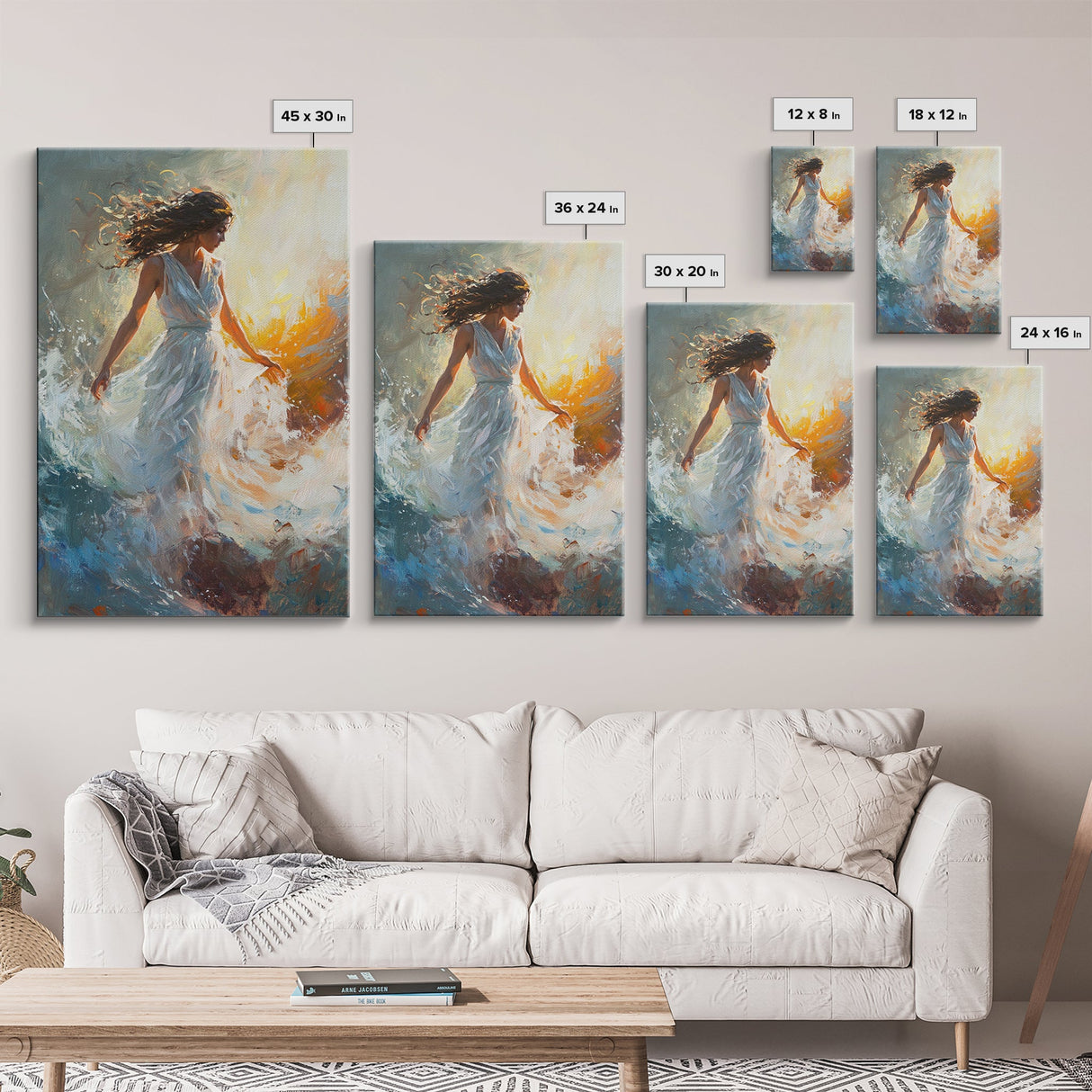 Ethereal Woman with Flowing Dress Framed Canvas Print, Dreamy Goddess Art Perfect as Above Sofa or Romantic Bedroom Wall Decor