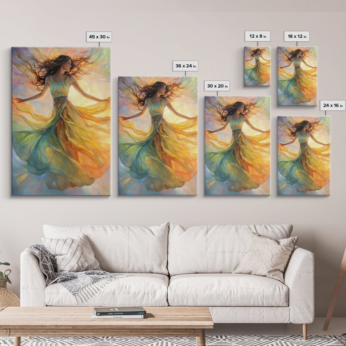 Enchanting Dancing Light Woman Canvas Print, Whimsical Art Adding Elegant Vibes to Living Room or Extra Wide Horizontal Wall Art