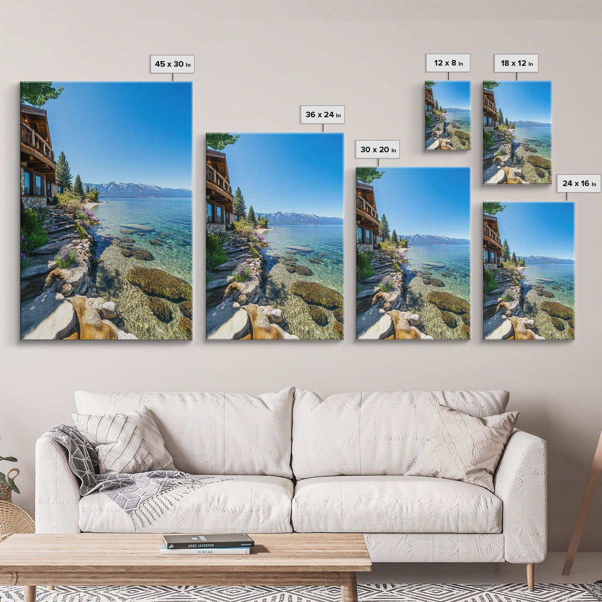 Lakeside Retreat Framed Canvas Print Coastal Landscape Art Nautical Wall Art Living Room Decor Lake Tahoe Art Rustic Decor Seascape Painting