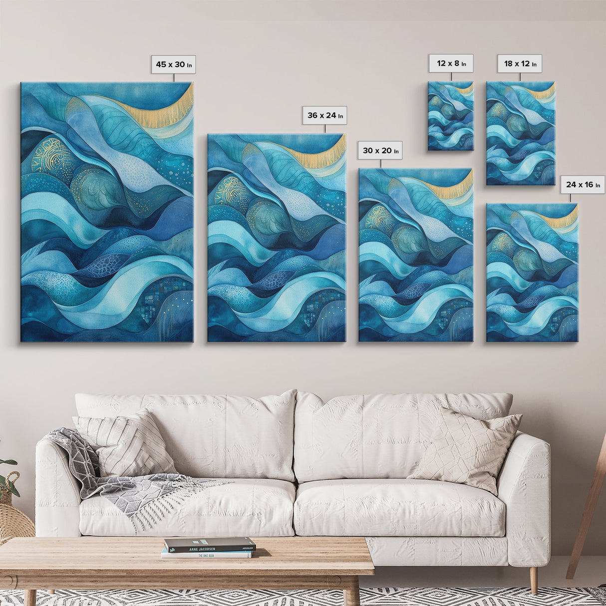 Flowing Blue Waves Canvas Print Modern Coastal Art Abstract Zen Decor Nautical Wall Gift Idea Bedroom Calm Artwork Design