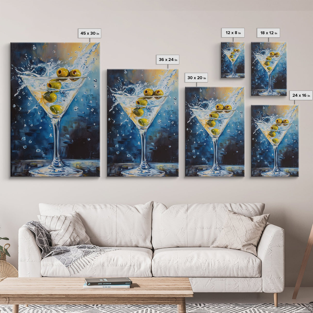 Elegant Olive Martini Framed Canvas Print with Vibrant Cocktail Art for Living Room or Kitchen, Rustic Home Decor