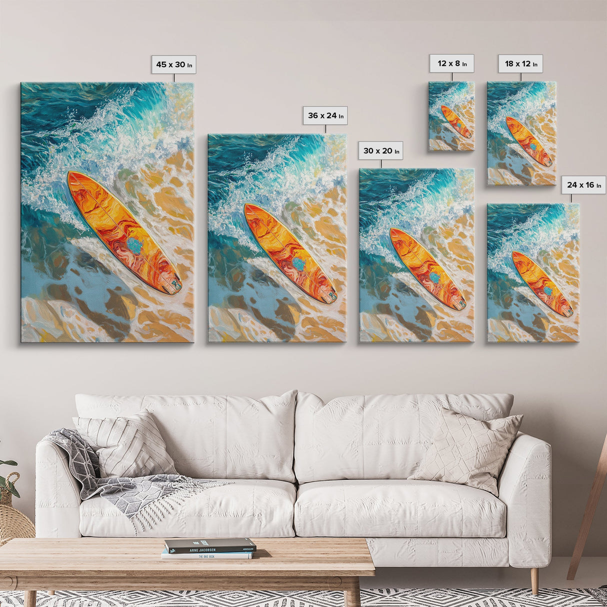 Surfboard Ocean Canvas Print with Coastal Landscape Art and Nautical Beach Decor for Summer Living Room or Bedroom Wall