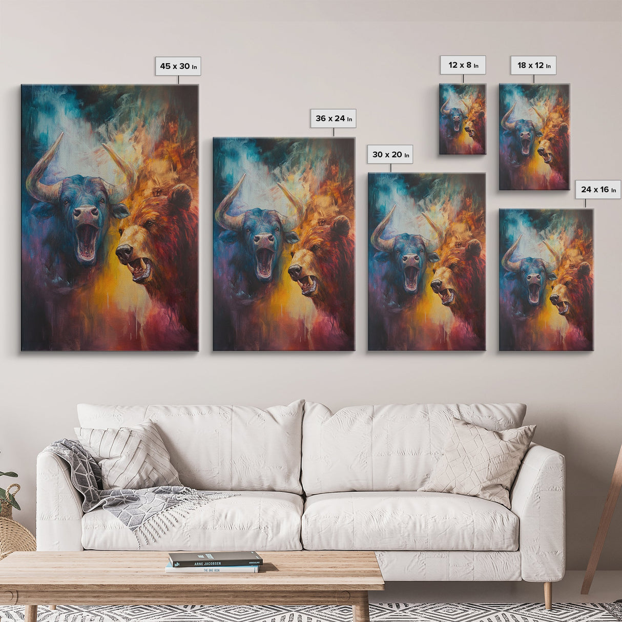Bull and Bear Duel Framed Canvas Print Vibrant Moody Art Rustic Wall Art Unique Gift Idea Living Room Decor Animal Art Financial Market Theme