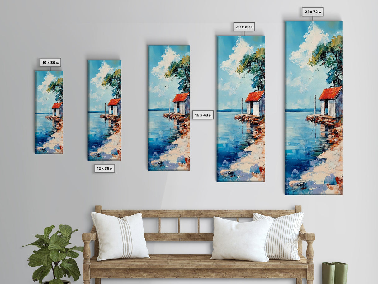 Lakeside Cabin, coastal landscape art, nautical decor, rustic art, beach house wall art, above bed wall art, Framed Canvas Print
