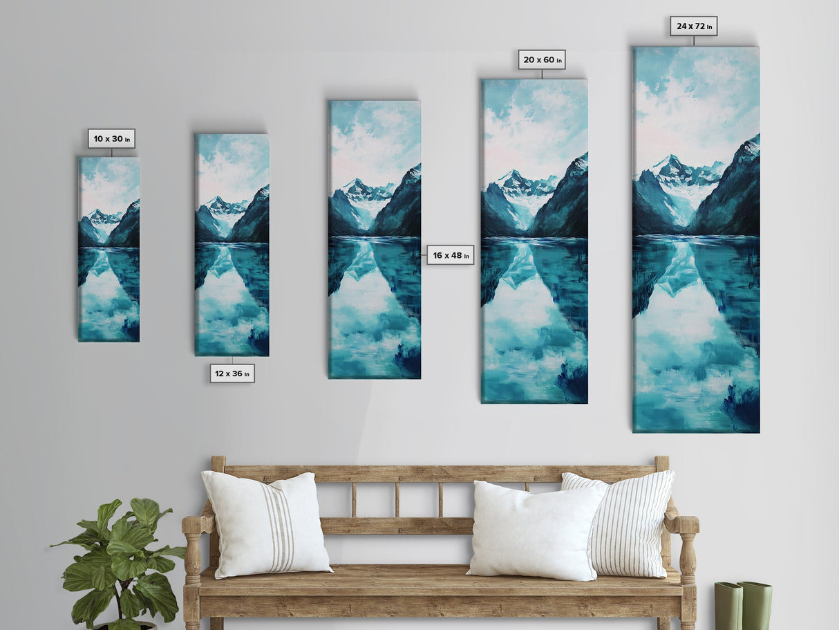 Glacier Lake, mountain painting, blue and green wall art, smoky mountain art, minimalist art, vertical wall art, Canvas Print