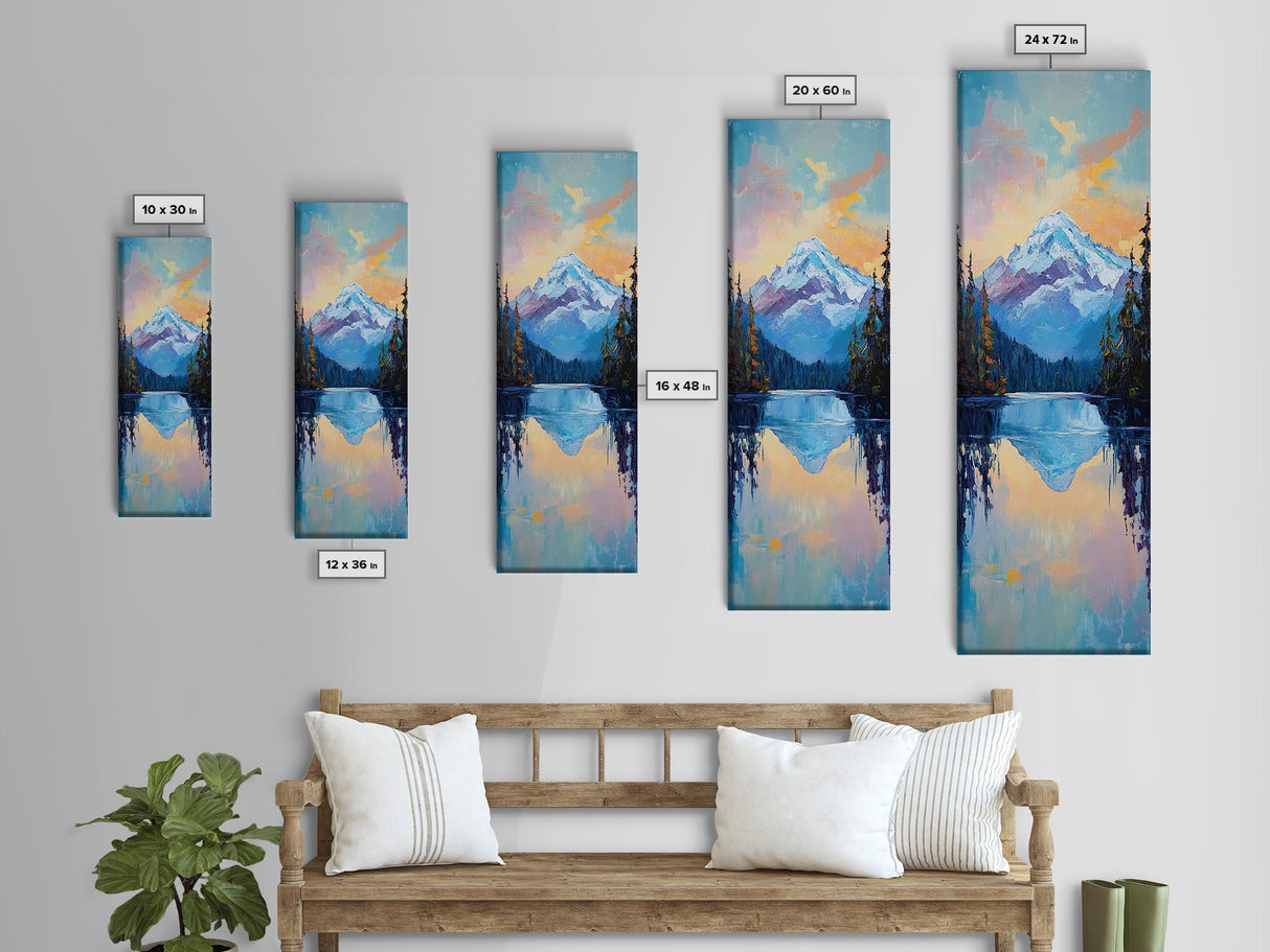 Sunset Mountain, lake Tahoe art, pine tree art, mountain painting, rustic wall art, above couch art, Framed Canvas Print
