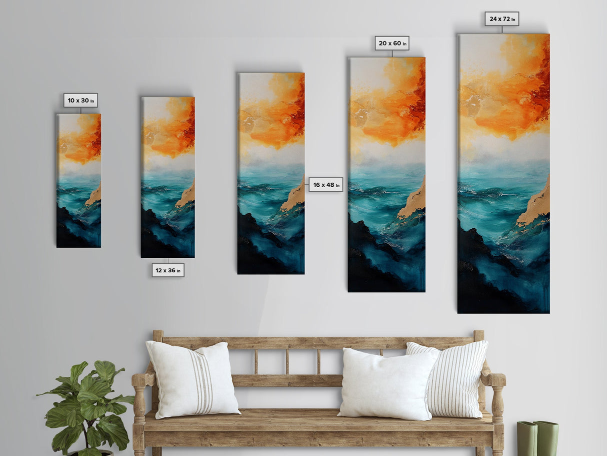 Golden Horizon, painting morro bay, nautical painting, orange abstract art, extra wide art, southwest wall art, Framed Canvas Print