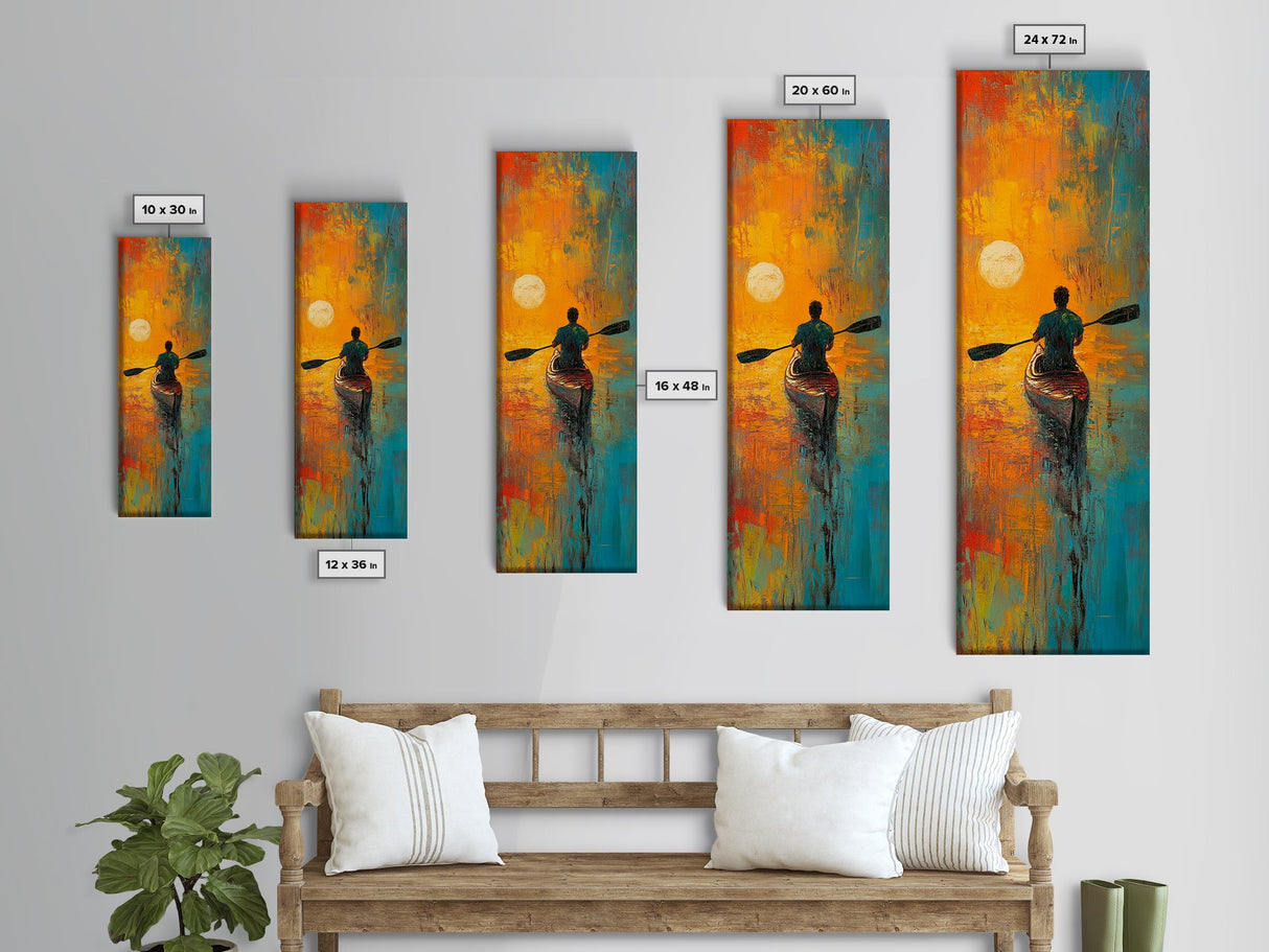 Sunset Kayaker, Coastal Painting, Moody Art, Nautical Decor, Rustic Wall Art, Christmas, Framed Canvas Print, Above Sofa Art