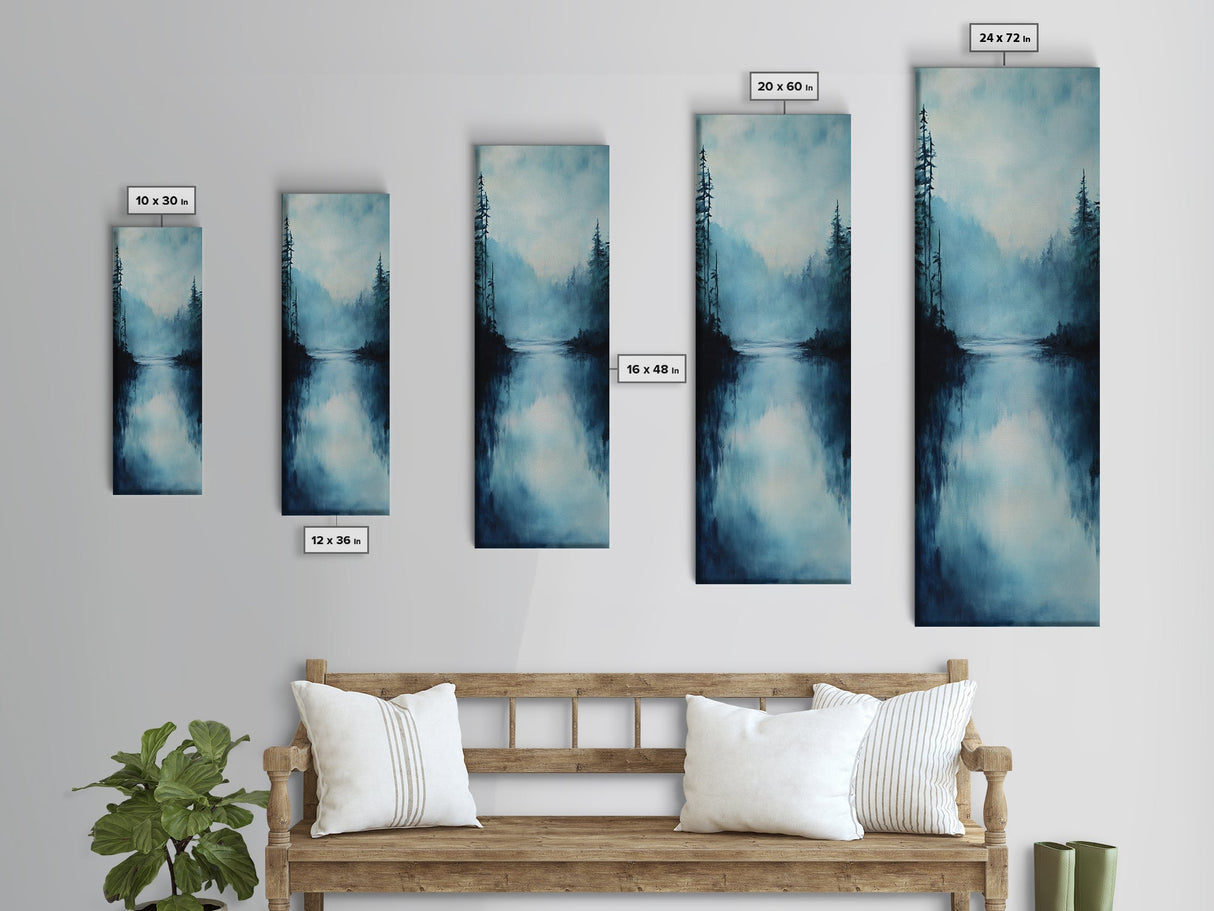 Misty Lake, Moody Landscape, Pine Tree Art, Foggy Forest Painting, Smoky Mountain Art, Christmas, Framed Canvas Print