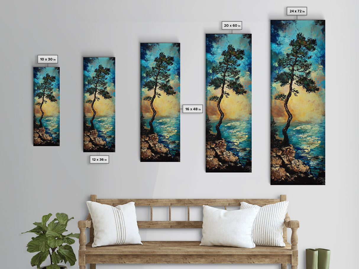 Windblown Pine, Ocean Painting, Moody Art, Coastal Landscape, Nautical Decor, Framed Canvas Print, Bedroom Art