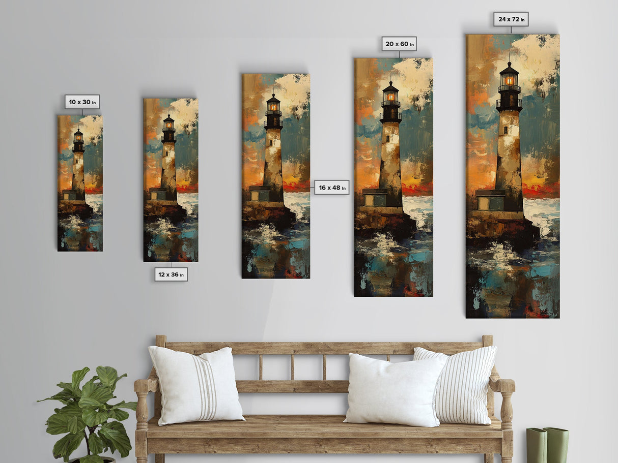 Rustic Lighthouse, Nautical Wall Art, Moody Painting, Coastal Landscape, Seascape Painting, Framed Canvas Print