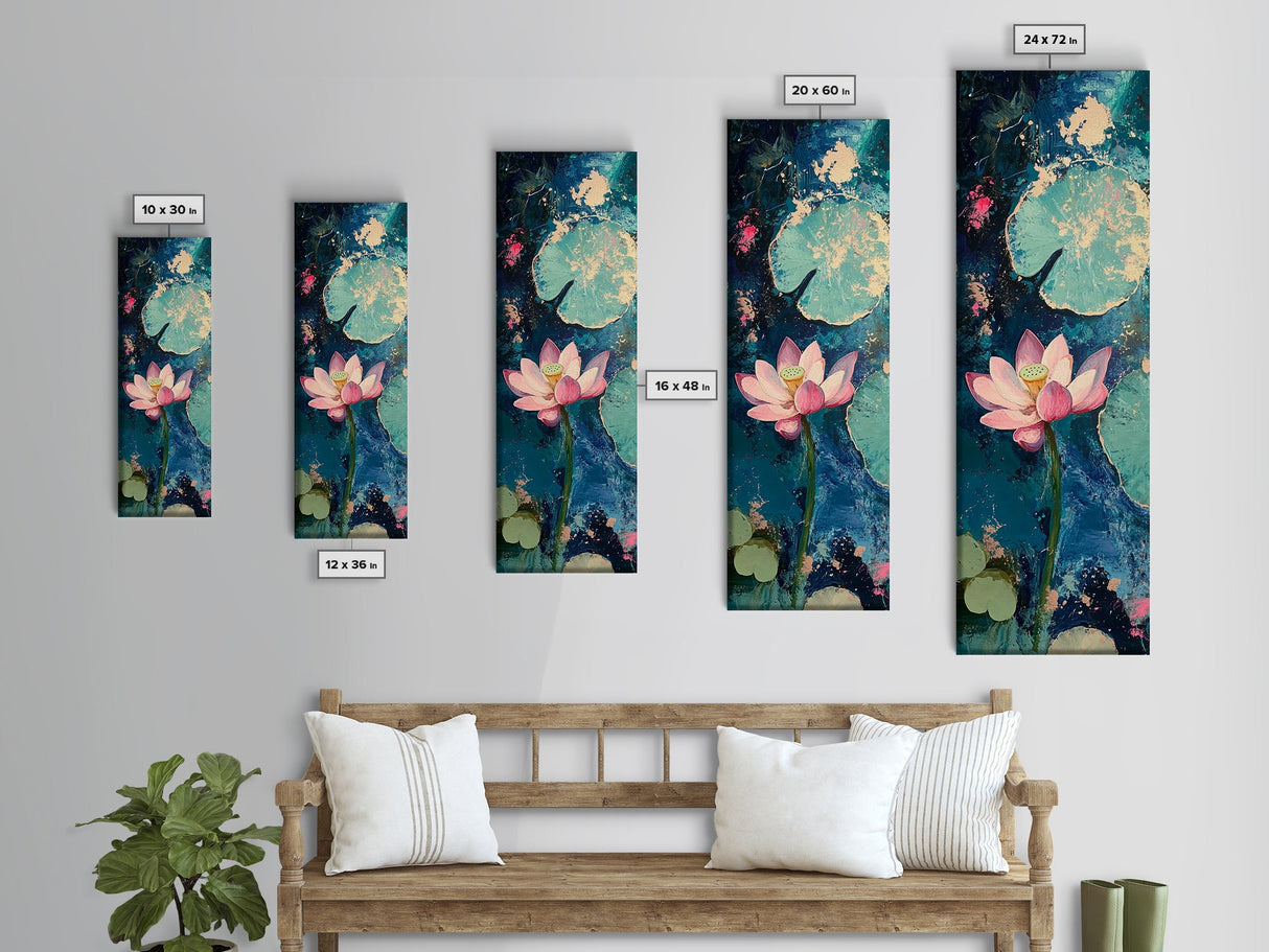 Lotus flower, teal wall art, botanical prints, wildflower painting, moody art, vertical wall art, canvas print, living room art