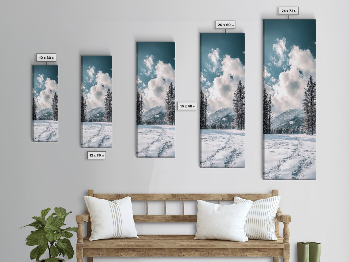 Winter Path, pine tree art, mountain painting, snowy landscape, rustic decor, minimalist art, Framed Canvas Print, vertical wall art