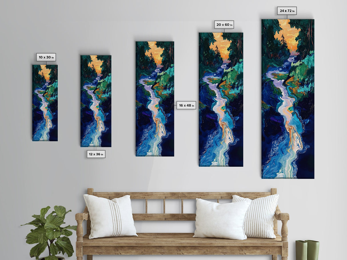 Sunset river, moody art, pine tree art, smoky mountain art, framed canvas print, vertical wall art, original painting