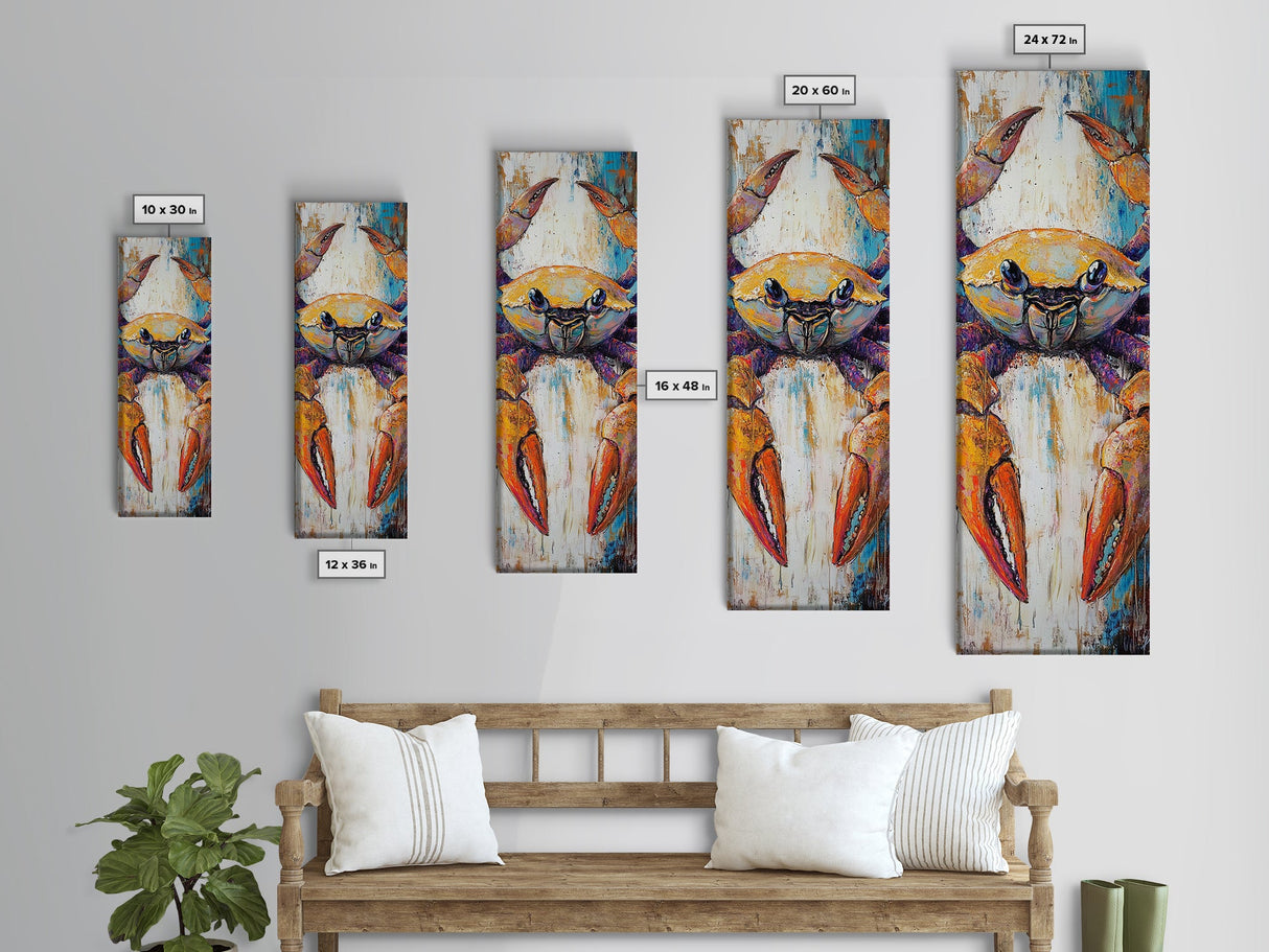 Colorful crab, coastal cowgirl wall art, crayfish painting, nautical wall art, framed canvas print, tall skinny art, rustic décor