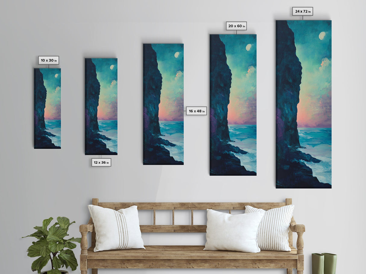 Cliffside Moon Painting, Moody Art, Coastal Wall Art, Landscape Painting, Ocean Art, Framed Canvas Print, Nautical Decor