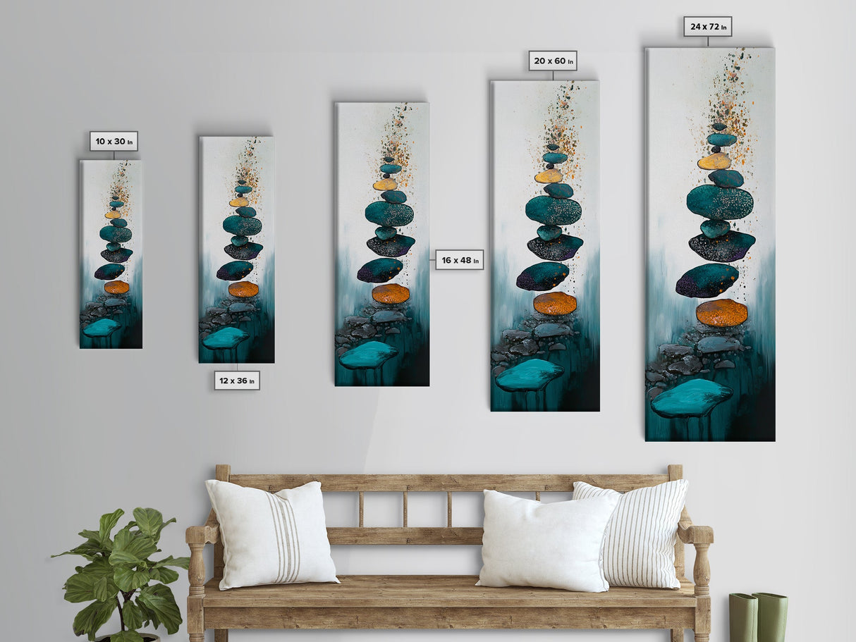 Zen Stones, minimalist art, zen wall art, wabi sabi art, sage green wall art, extra wide art, tall narrow art, Canvas Print, boho art