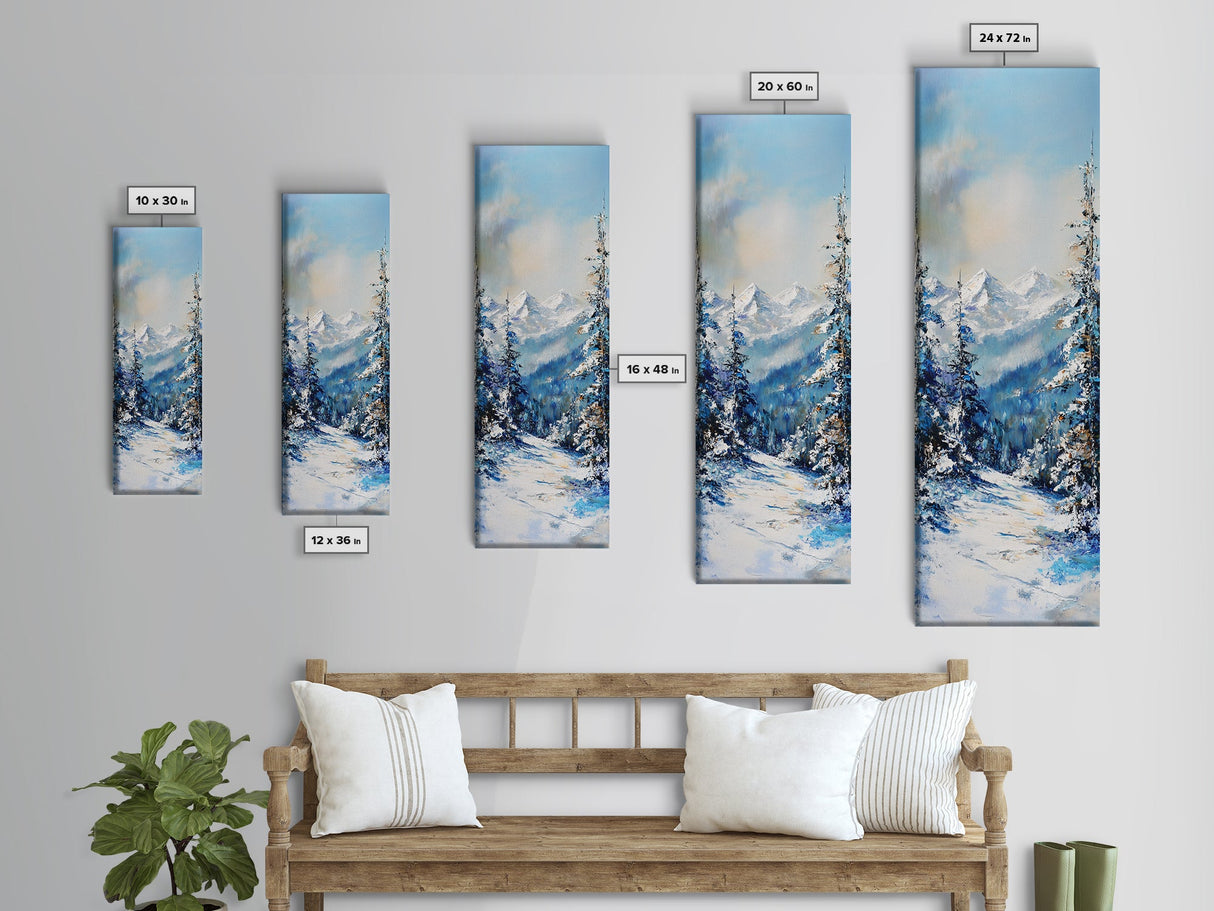 Snowy Mountain Path, winter landscape painting, mountain painting, pine tree art, rustic wall art, framed canvas print