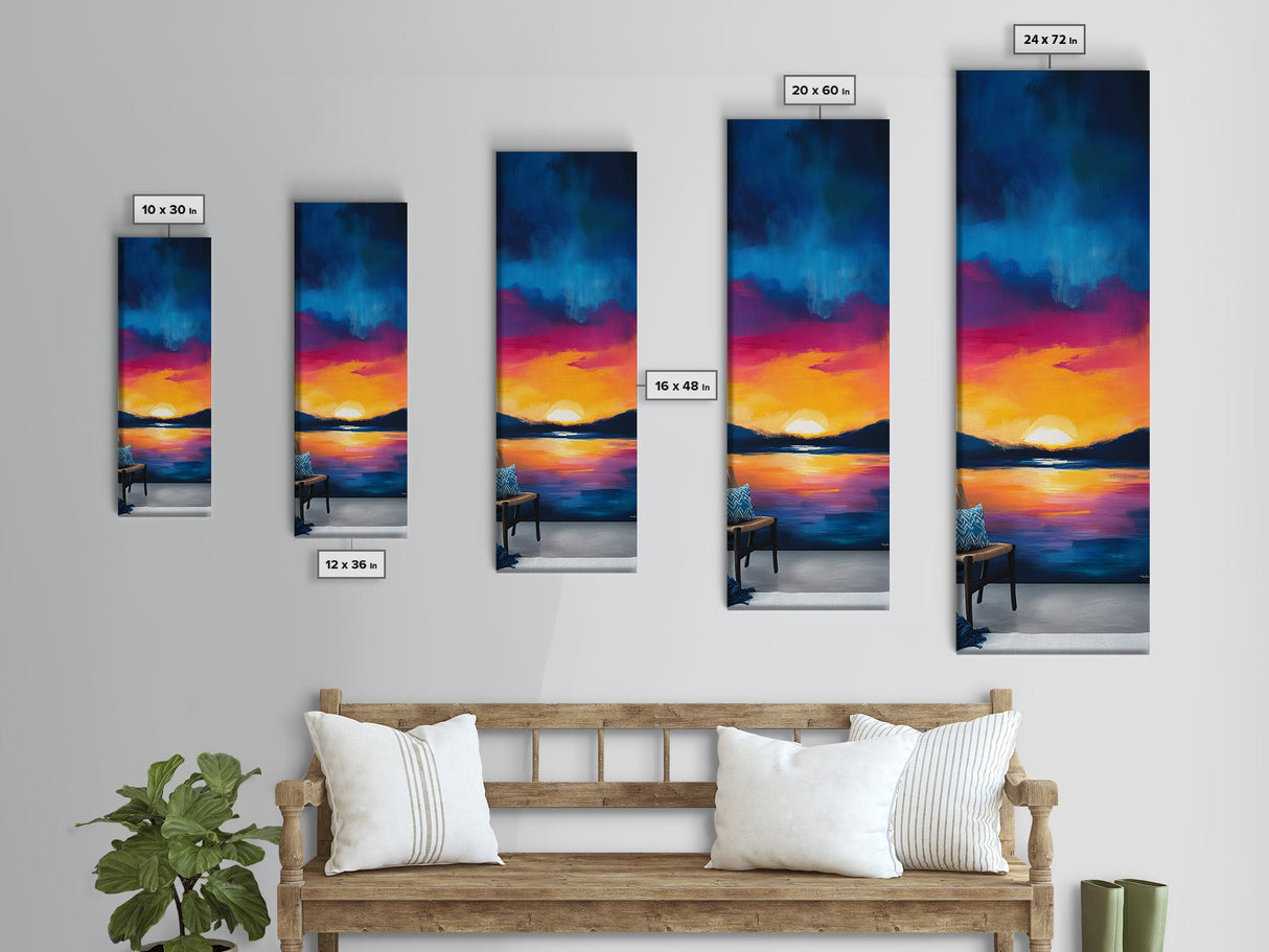 Sunset Over Water, Lake Tahoe Art, Bold Colors, Framed Canvas Print, Tall Narrow Art, Boho Art, Above Bed Wall Art, Panoramic Art