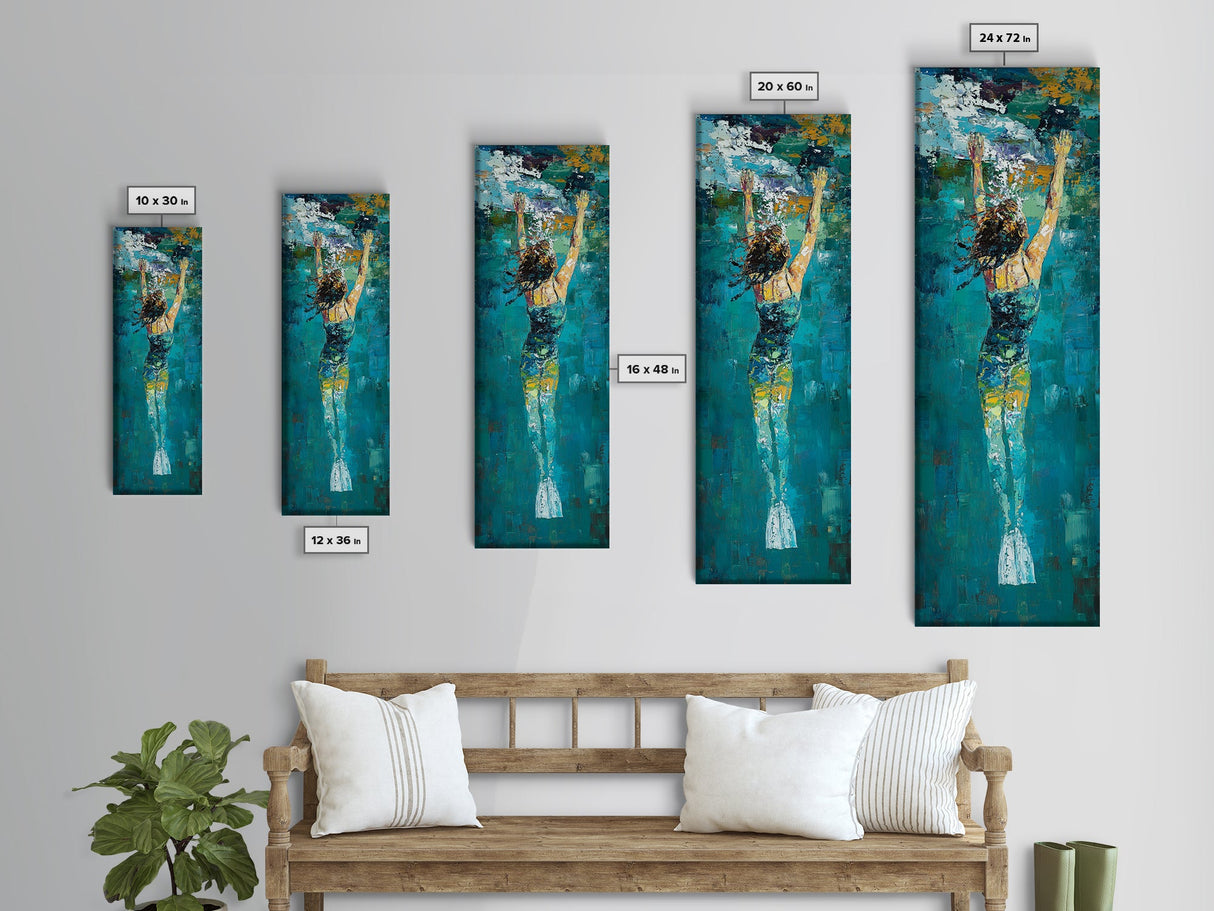 Woman Swimming, Coastal Painting, Framed Canvas Print, Surf Wall Art, Ocean Art, Blue and Green Wall Art, Abstract Art