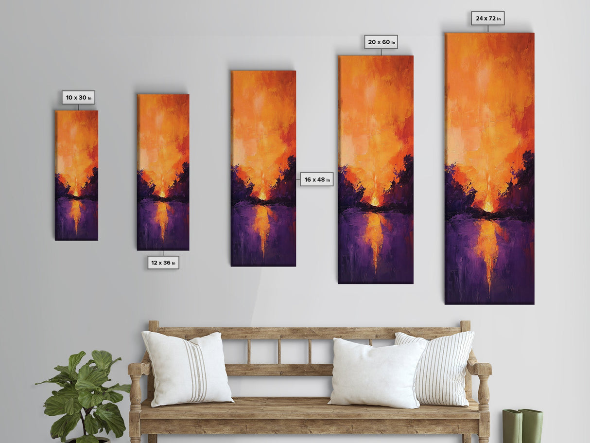 Fiery Sunset Reflection, mountain painting, moody art, forest at dusk painting, pine tree art, framed canvas print, vertical wall art