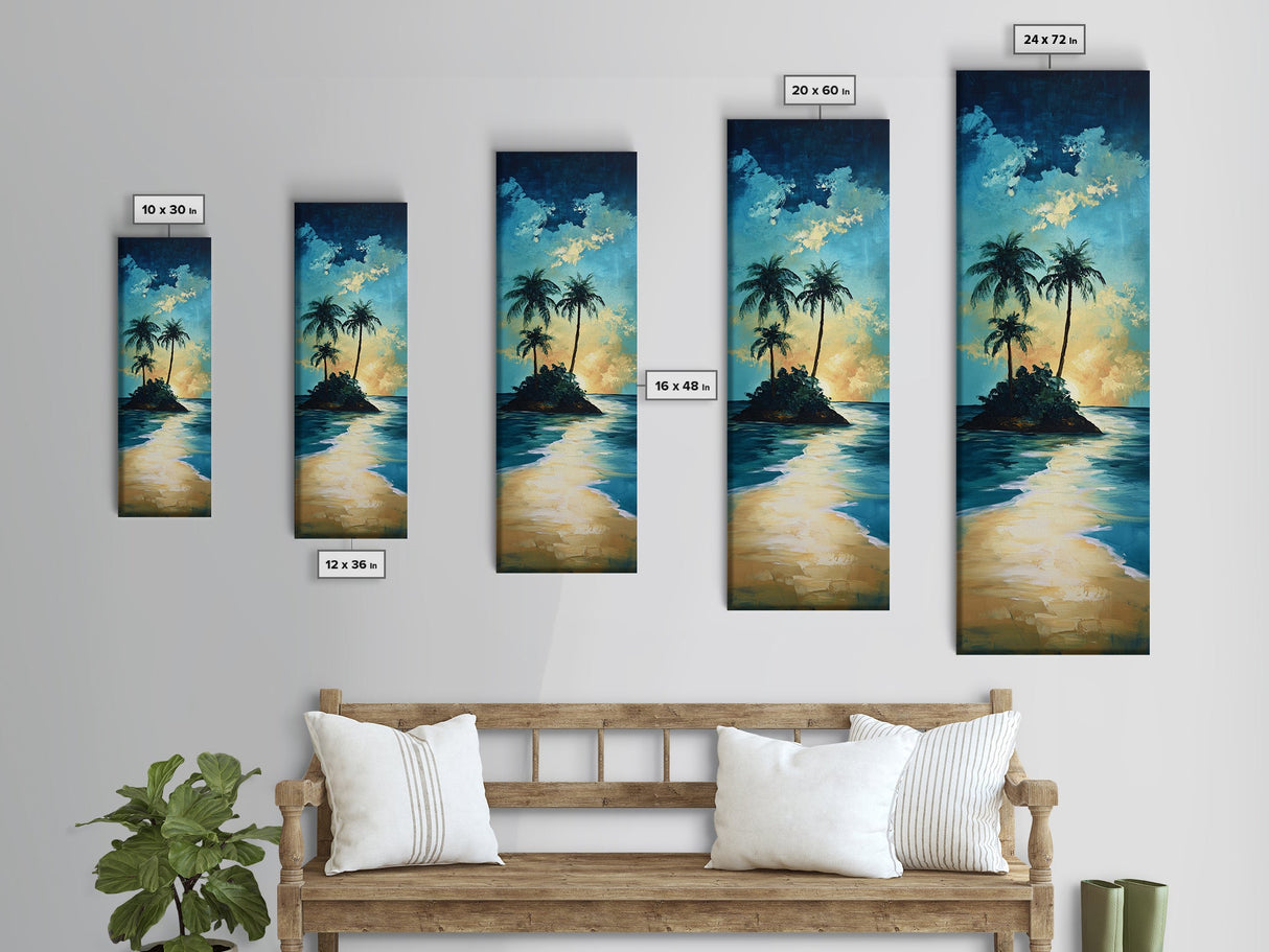 Tropical Sunset, palm tree painting, Hawaii art, ocean waves, coastal wall art, nautical decor, framed canvas print