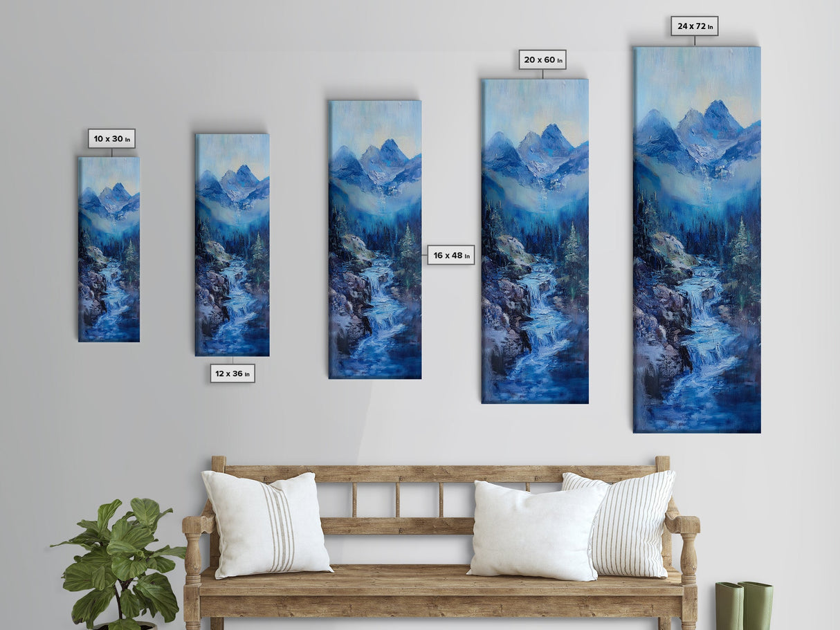 Waterfall Mountain, landscape painting, mountain painting, blue and green wall art, coastal decor, framed canvas print