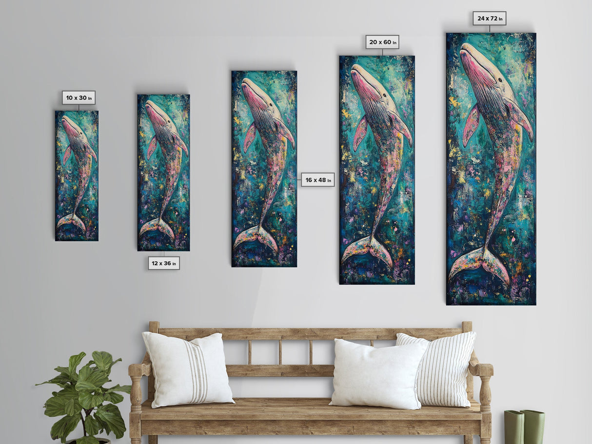 Vibrant Whale, Whale Painting, Coastal Decor, Nautical Wall Art, Blue and Green Wall Art, Skinny Wall Art, Framed Canvas Print