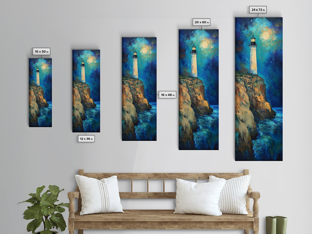 Lighthouse Painting, Moon Oil Painting, Nautical Decor, Coastal Wall Art, Seascape Painting, Canvas Print, Tall Narrow Art, Gift Idea