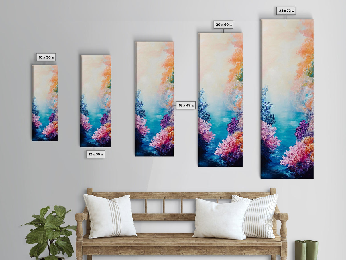 Coral Reef, dolphin painting, blue and green wall art, ocean painting, tropical decor, tall skinny art, coastal decor, canvas print