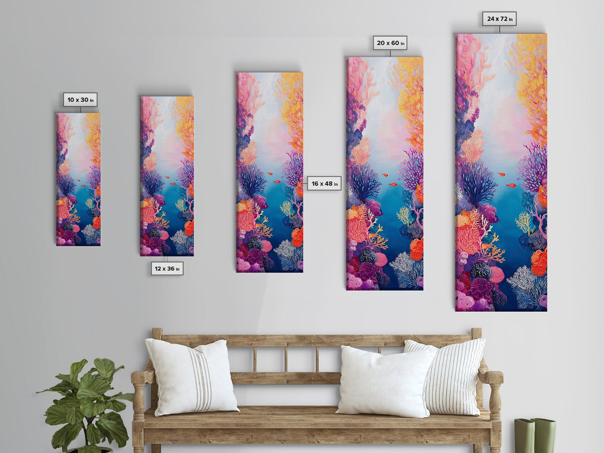 Vibrant Coral, koi fish painting, whimsical art, pink orange wall art, ocean painting, seascape painting, beach house art, canvas print