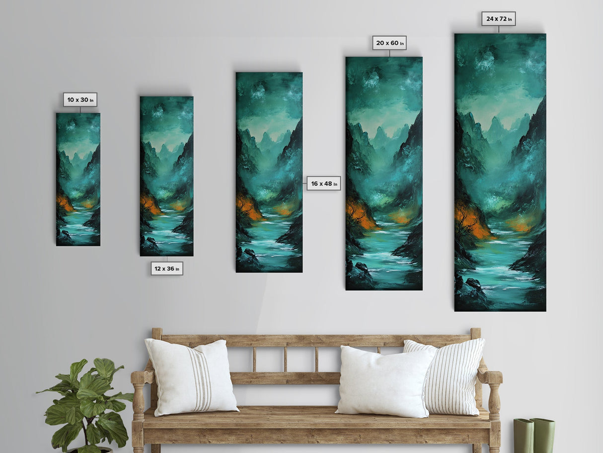 Dark Moody Landscape, Mountain Painting, Forest at Dusk Painting, Framed Canvas Print, Rustic Wall Art, Vertical Wall Art