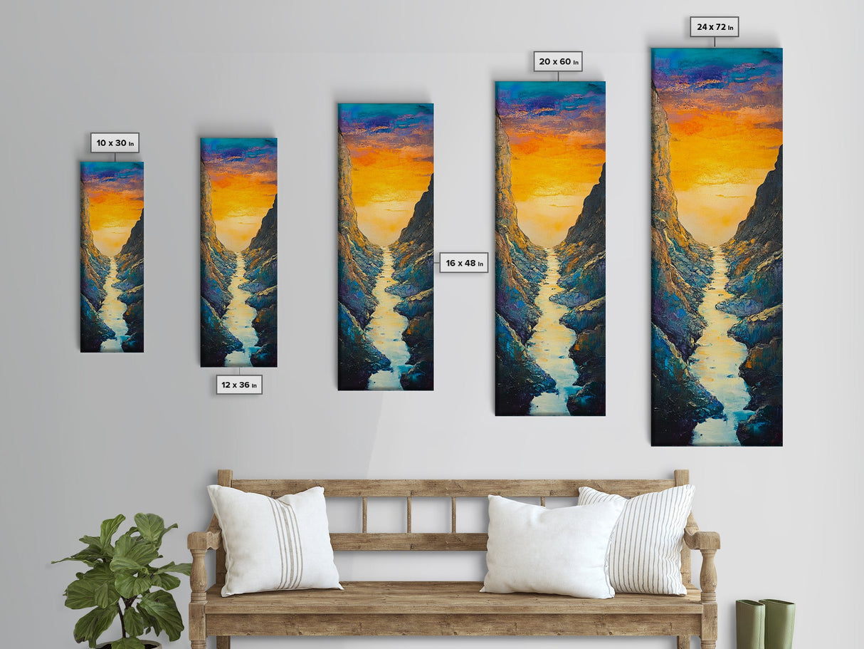Sunset River, mountain painting, vertical wall art, nature art, framed canvas print, above sofa art, extra wide art, rustic decor