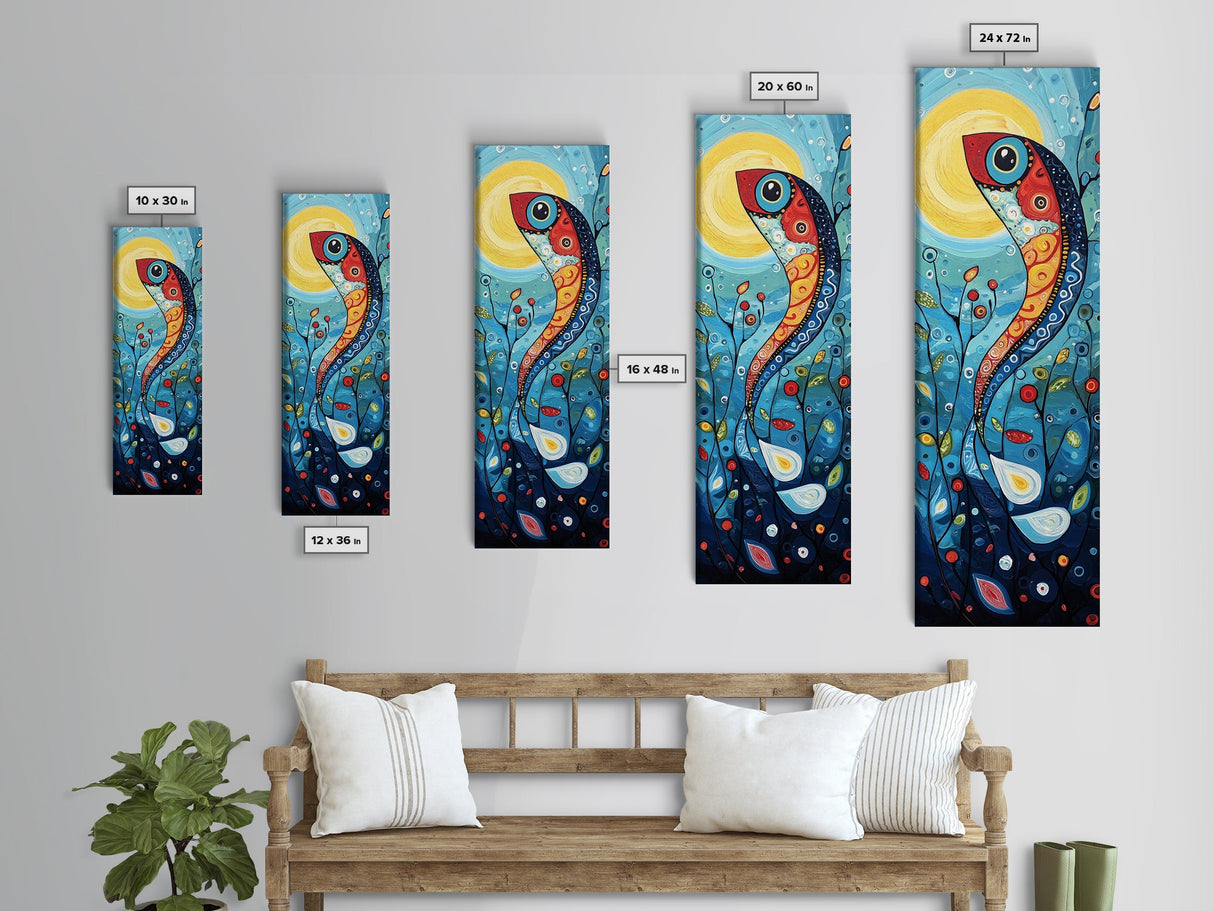 Koi Fish Fantasy, koi fish painting, whimsical art, framed canvas print, vibrant wall art, long narrow wall art, tall skinny art