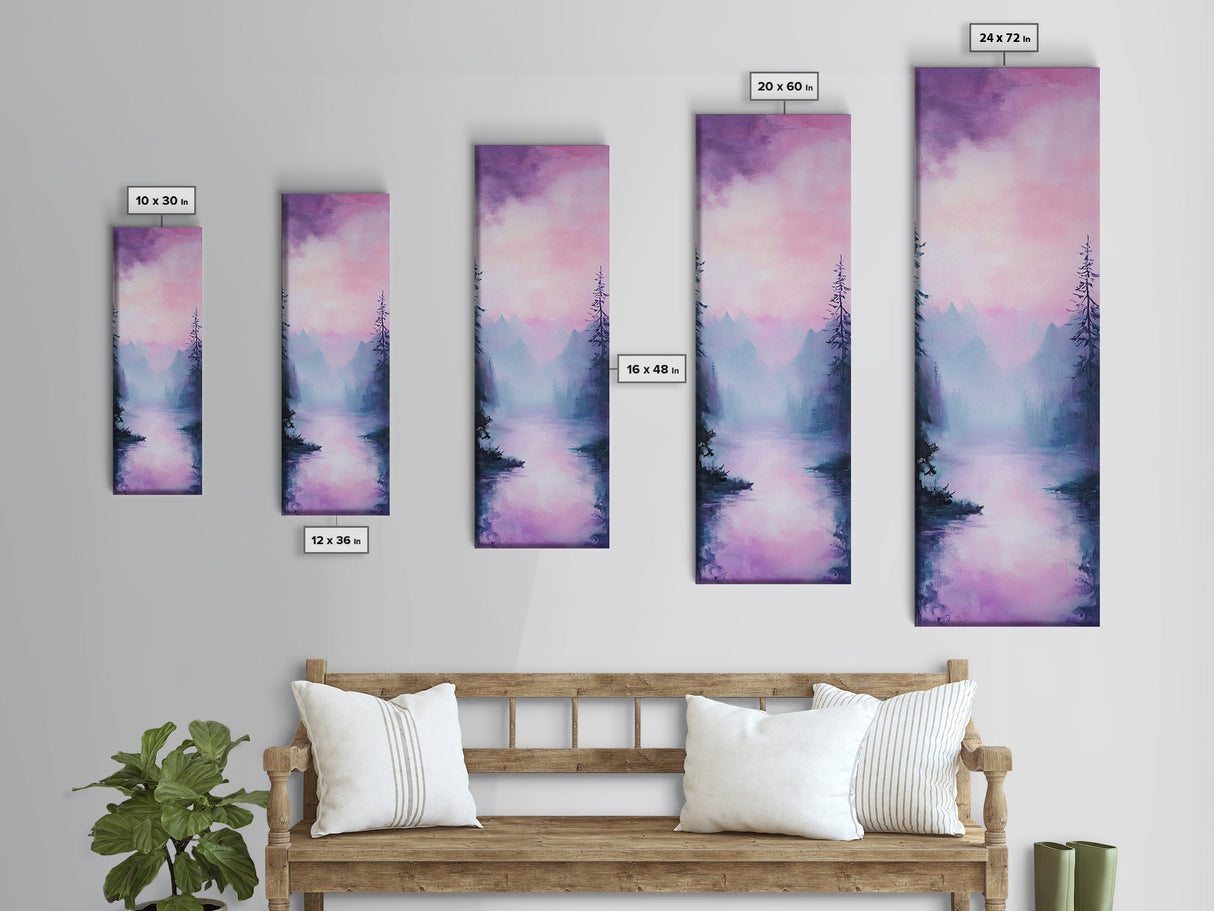 Misty Mountains, smoky mountain art, light pink wall art, framed canvas print, soft pastel art, pine tree art, above couch art