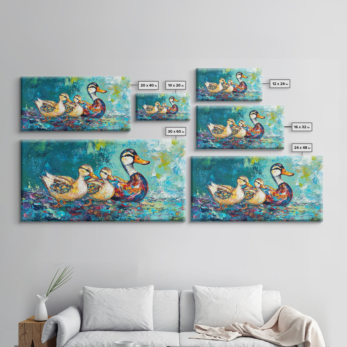 Duck Family, bird art, whimsical art, teal wall art, gift idea for her, landscape painting, extra wide art, Framed Canvas Print