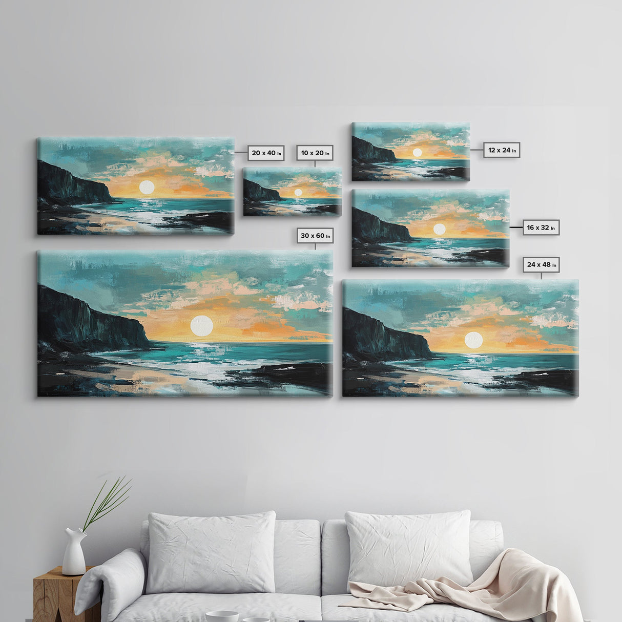 Sunset Cliffs, nautical wall art, coastal painting, surf wall art, panoramic art, above couch art, boho art, Framed Canvas Print