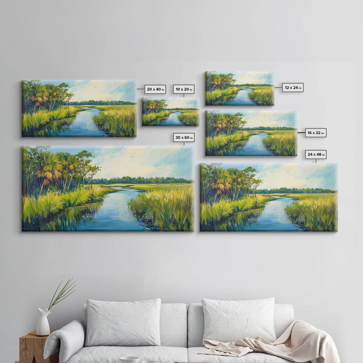 Marshland View, palm tree painting, tropical landscape, coastal decor, green wall art, rustic wall art, Framed Canvas Print