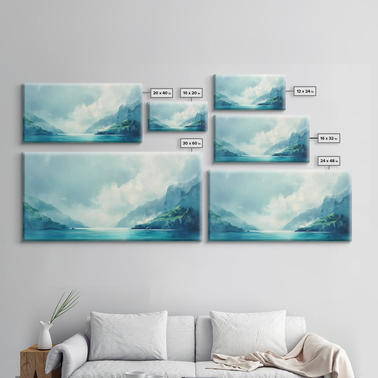 Serene Fjord, coastal landscape art, panoramic art, moody art, minimalist art, Canvas Print, above bed wall art, living room art
