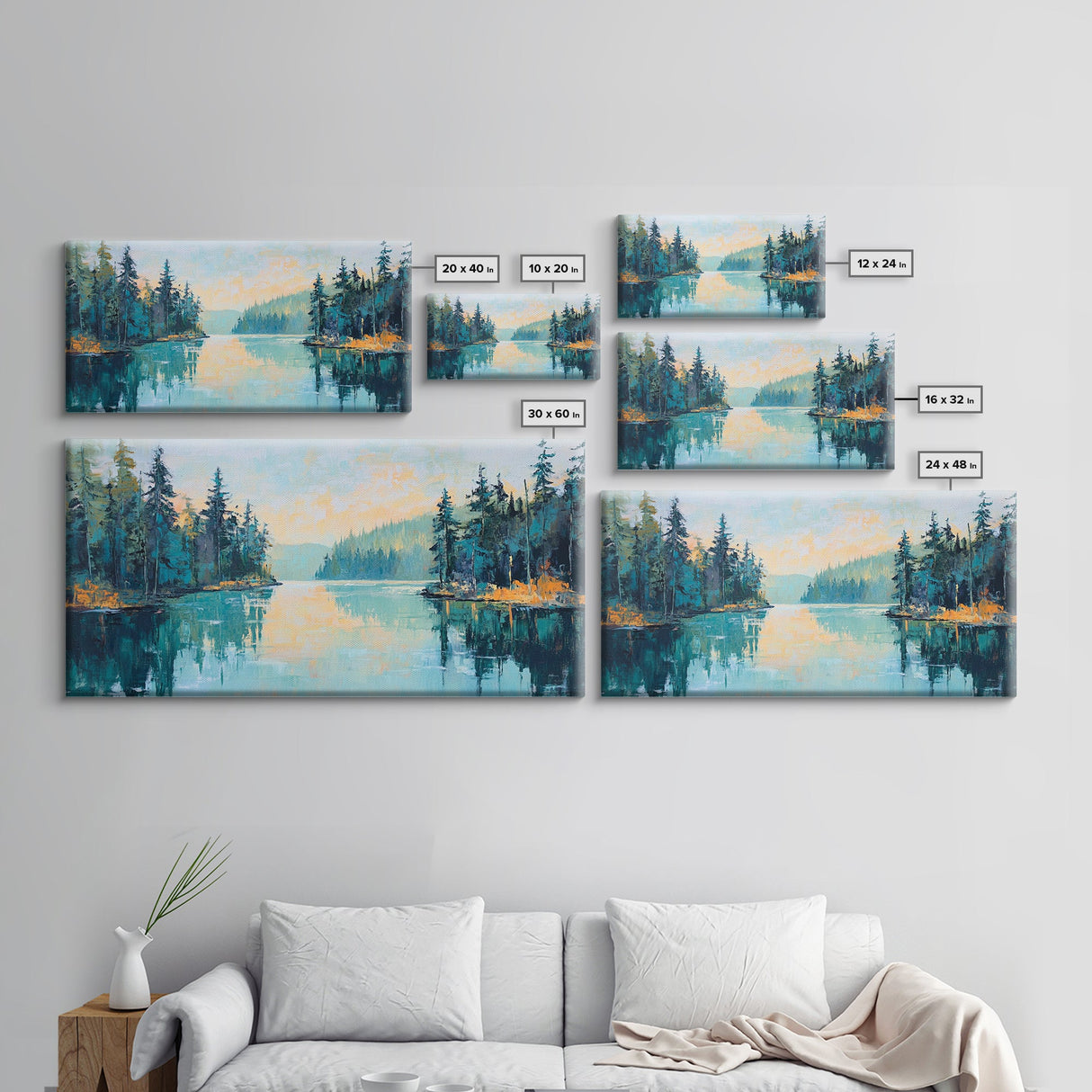 Tranquil Lake, pine tree art, landscape painting, smoky mountain art, panoramic painting, nature painting, Framed Canvas Print