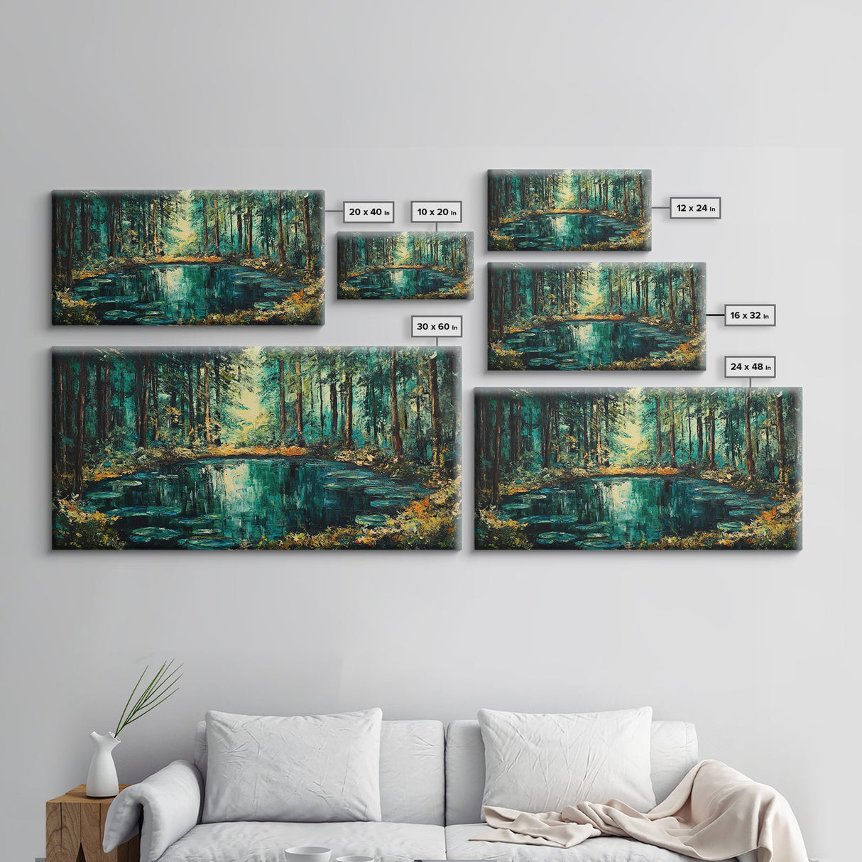 Enchanted Forest Pond, Canvas Print, landscape painting, pine tree art, forest at dusk painting, lake Tahoe art, extra wide art