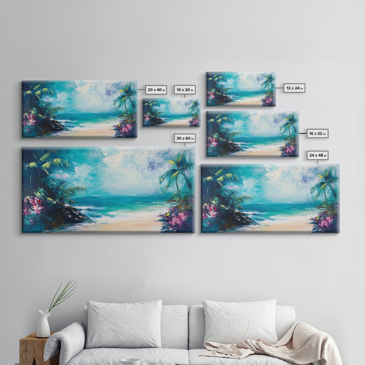 Tropical Beach, Framed Canvas Print, coastal painting, palm tree painting, Hawaii art, nautical decor, coastal wall art